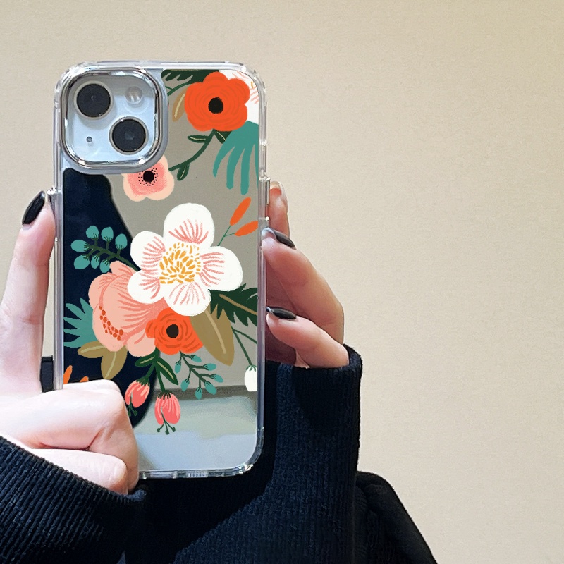 IPHONE Lukisan Bunga Cermin Ponsel Case Kompatibel Untuk Iphone11 12 13 14 12Pro 13Pro 14Pro Pro Max XR X XS Max Electroplating Tombol Perlindungan Mirror Cover