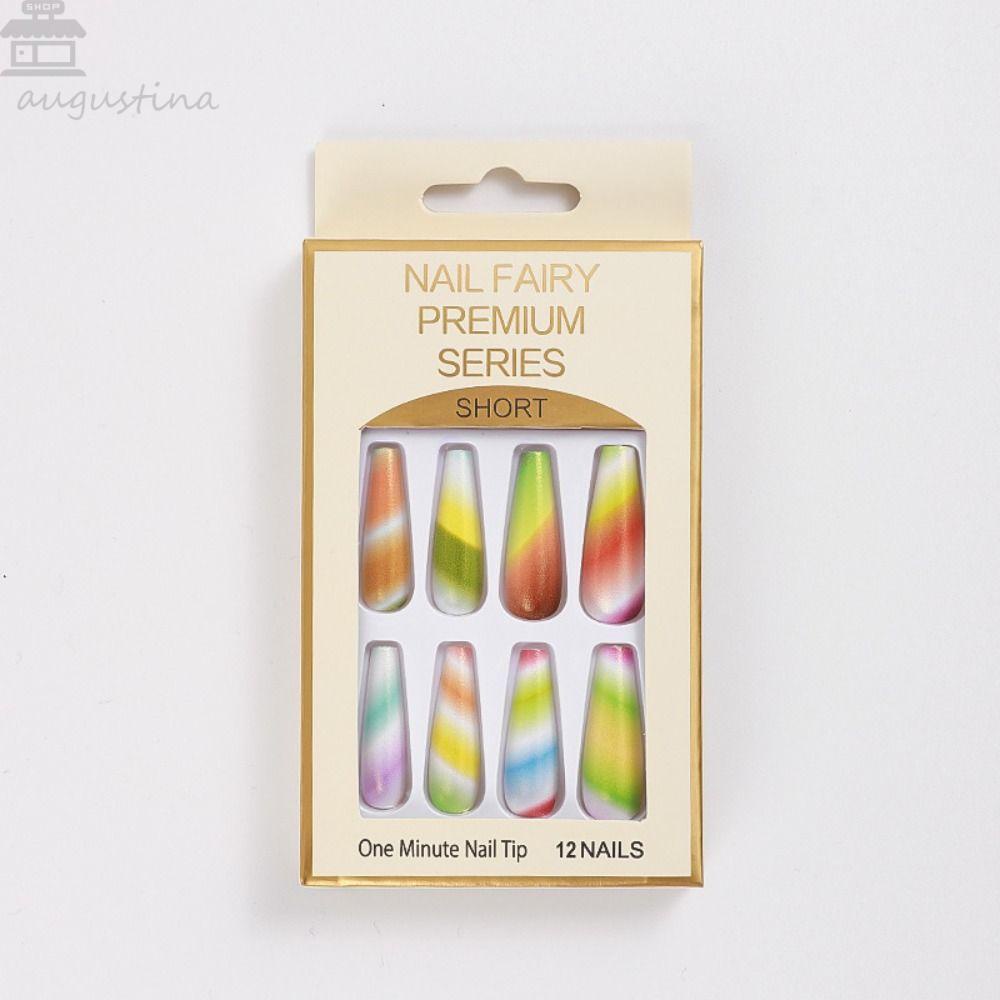 AUGUSTINA Agustinina Patch Kuku Panjang DIY Fashion Dilepas Ultra-Tipis Gradiasi Warna Pelangi Tekan Pada Tips Kuku Penuh Penutup Nail Art Tips