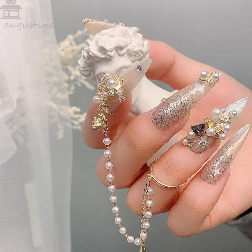 AUGUSTINA Agustin 3D Nail Art Rhinestones Fashion Rantai Manikur Aksesoris Mutiara Paduan Liontin