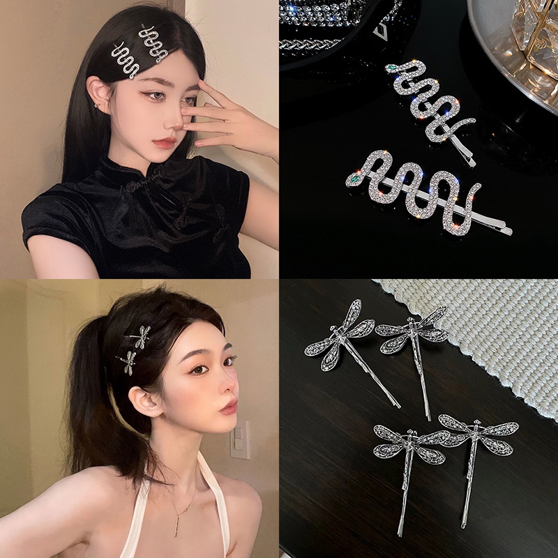 2/4Pcs Vintage Dragonfly Snake Shaped Hair Clips Fashion Rhinestone Alloy Girls Bangs Clip Hairpin