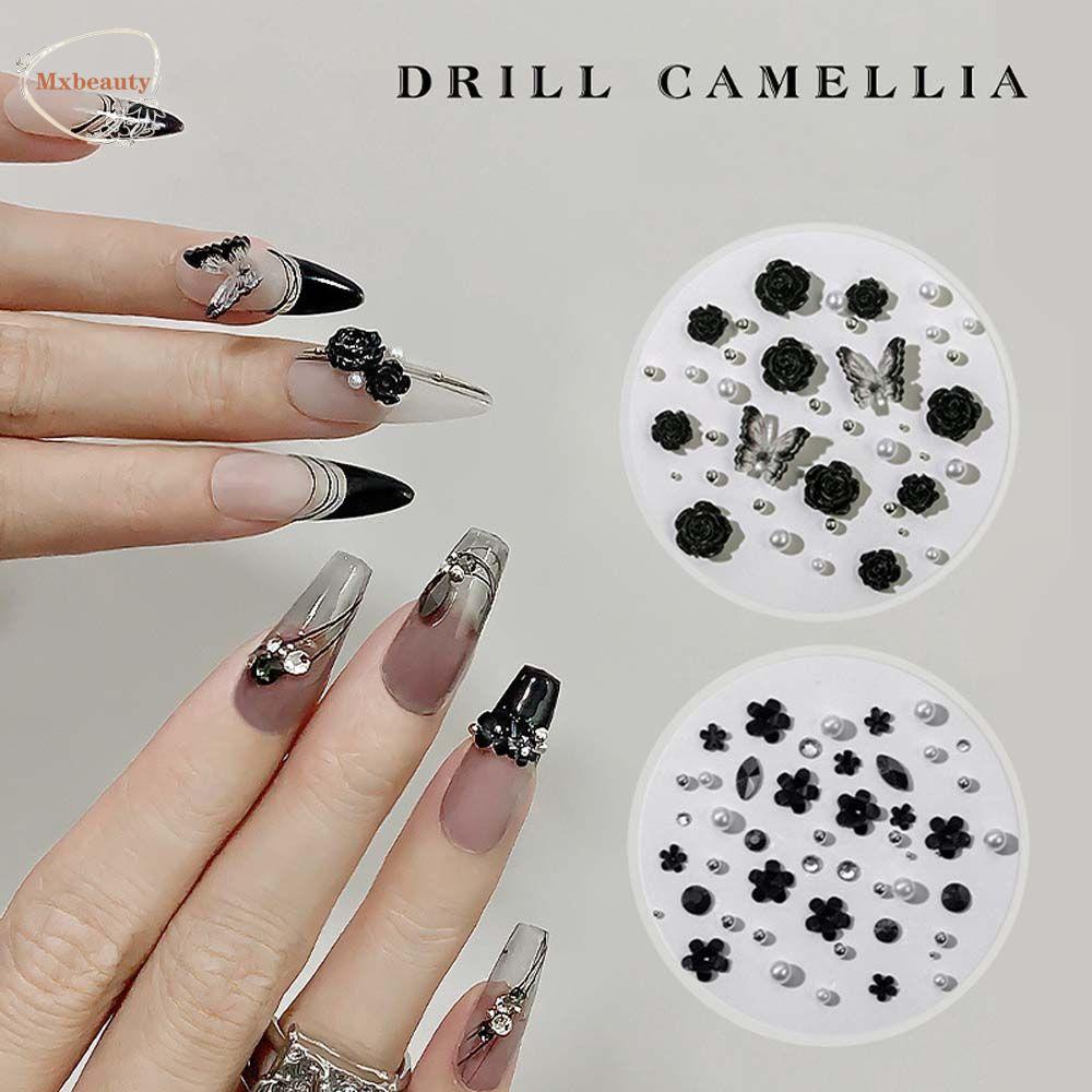 MXBEAUTY Camelia Dekorasi Kuku Fashion Hitam Manikur Aksesoris Mutiara Imitasi Hiasan Kuku Mutiara Butterfly Nail Drills