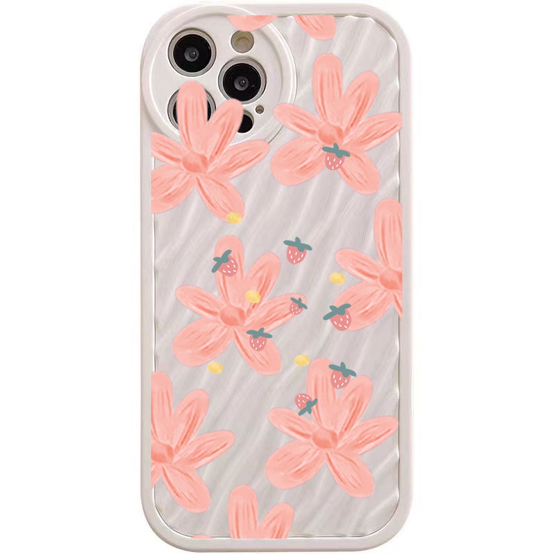 IPHONE Lukisan Strawberry Bunga Pink Riak Air Casing Ponsel Kompatibel Untuk Iphone11 13 12 14 Pro Max14 Plus XR X XS MAX 7Plus 8Plus 7 8 SE 2020 2022 Sarung Tahan Guncangan