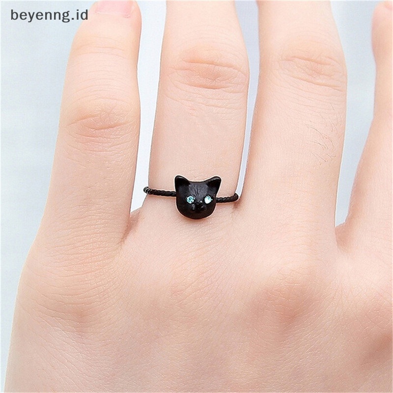 Beyen 1Pc Wanita Mini Indah Kucing Berbentuk Cincin Berlian Imitasi Studd Ring Hitam Emas Perak ID