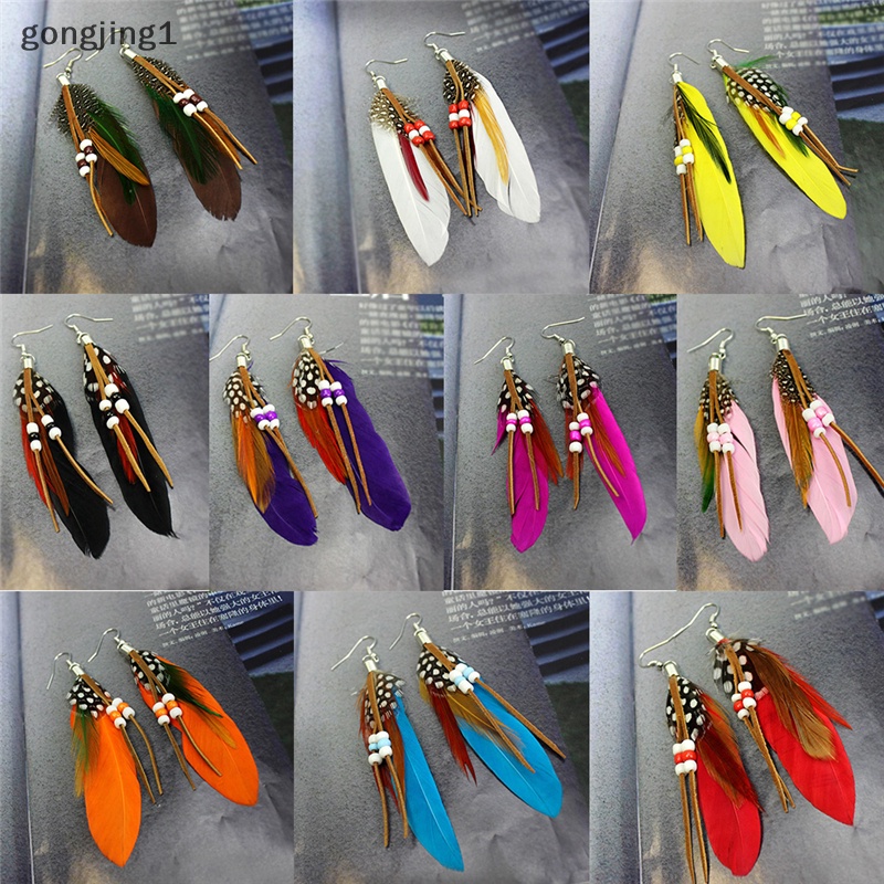 Ggg Fashion Anting Gantung Rumbai Bulu Manik Kulit Anting Indian Feathers ID