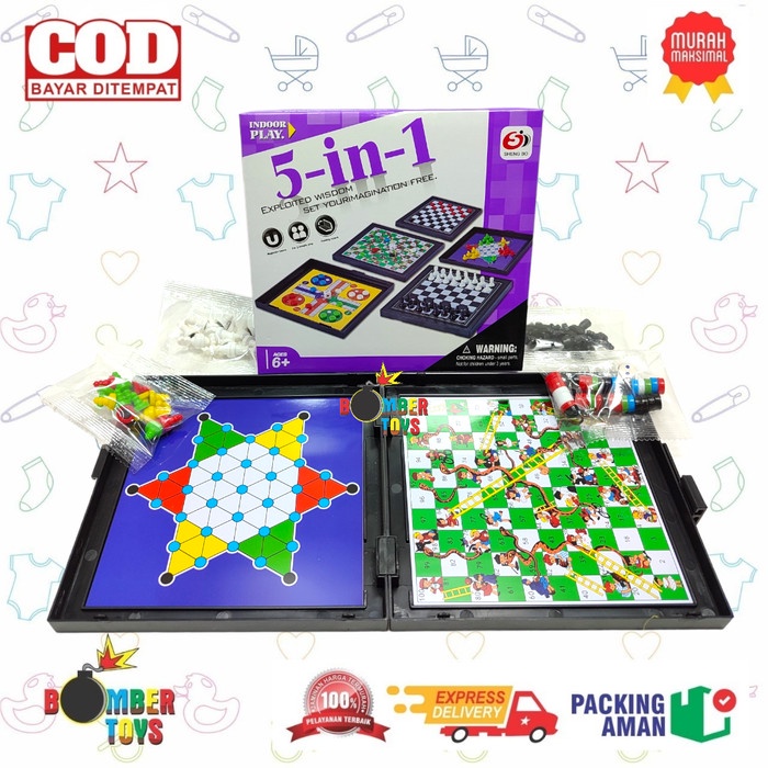 MAINAN ANAK KELUARGA BOARD GAME 5 IN 1 MAGNET LUDO CATUR HALMA ULAR TANGGA