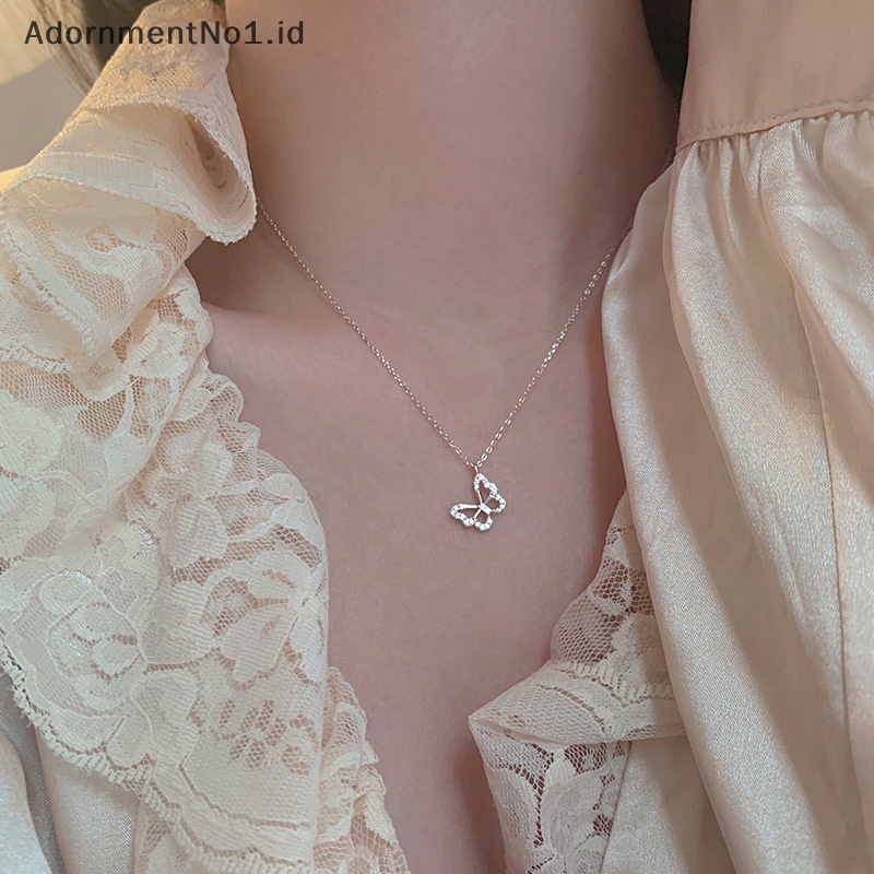 [AdornmentNo1] Fashion warna Silver kalung kupu Hollow untuk wanita zirkon mengkilap rantai klavikula sederhana Ins gaya kalung perhiasan hadiah