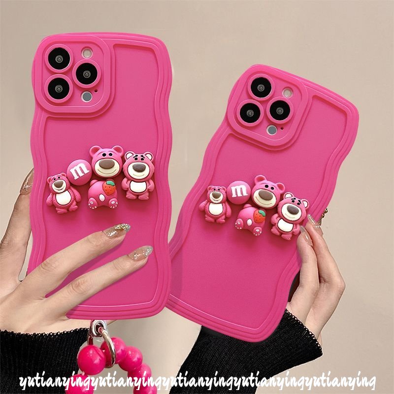 Shockproof Simple Wave Edge Bead Bracelet Case Compatible for IPhone 7 6s 8 6 Plus XR XS X MAX 11 13 12 14 Pro Max SE 2020 3D Cute Lotso Decor Soft Back Case with Heart Bracelet