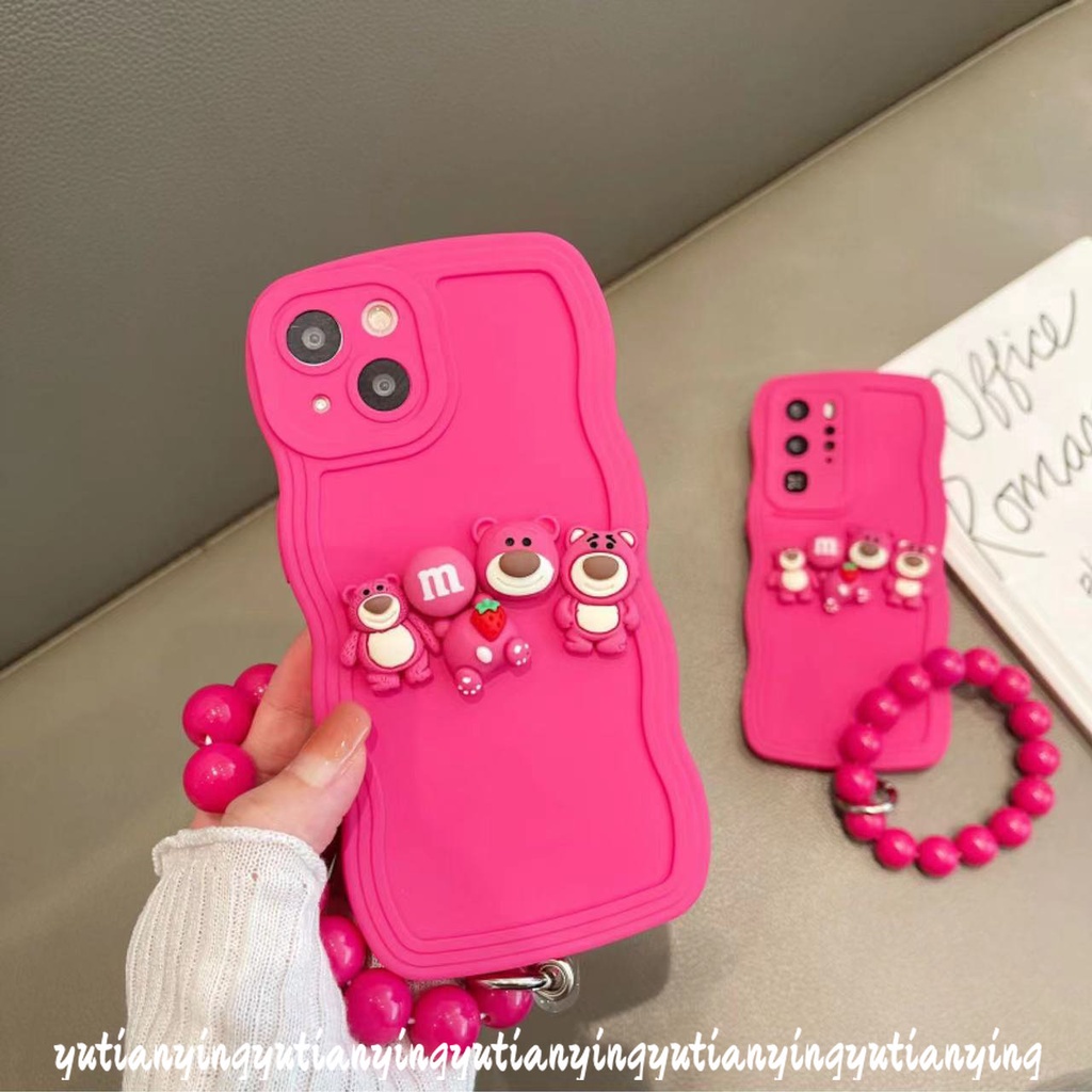 For Redmi 12C A1 A1 9C 10C 9A 9T A2+ A1 A2 10 9 10A  + Note 11 10s 9 10Pro Max 8 9s 11s 10 POCO M3 X3 NFC Mi 11T Pro 3D Strawberry Bear Lotso Wavy Edge with Bead Bracelet Case