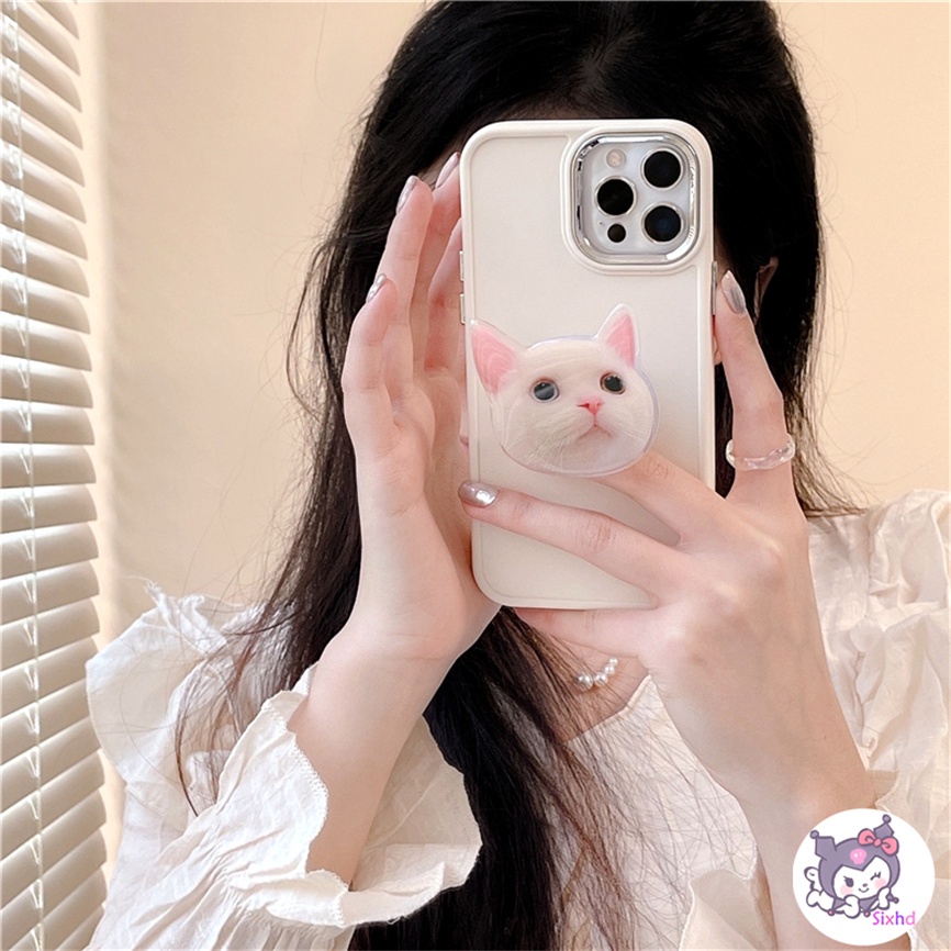 Compatible For iPhone 11 14 13 12 Pro Max 8 7Plus X Xs Xr Xs Max SE2020 Electroplated Lens Frame Protection Cute Cartoon Kitten Fashion Phone Case+Bracket Soft Anti Drop Cover