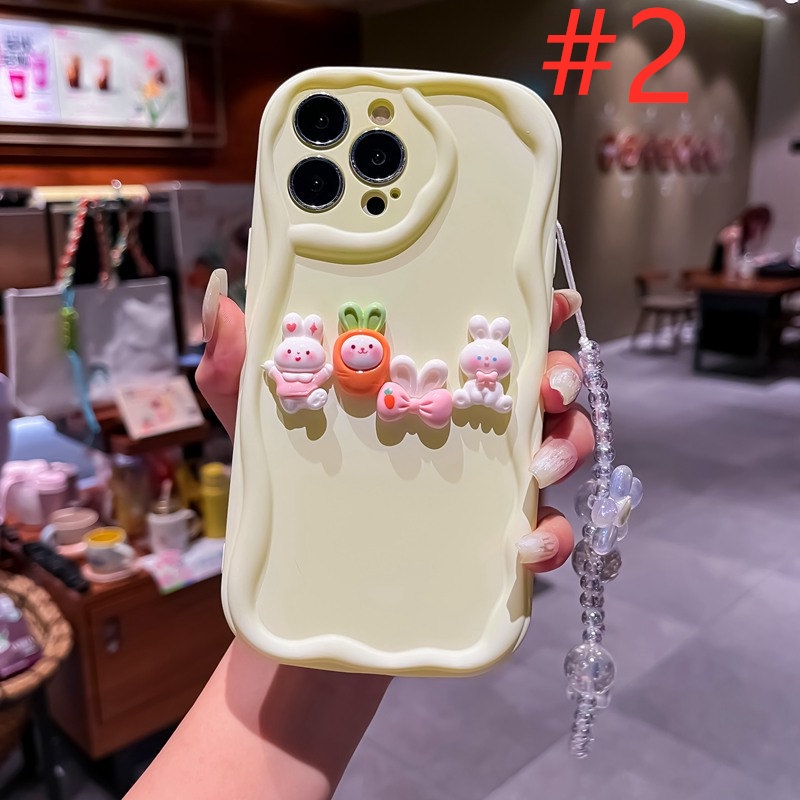 Macaron Pink Wave Carrot Bunny Lanyard Soft Silicon Case HP iP iPhone 6 6S 7 8 14 + Plus SE 2020 2022 X XS XR 11 12 13 Pro Max Girl Woman Casing