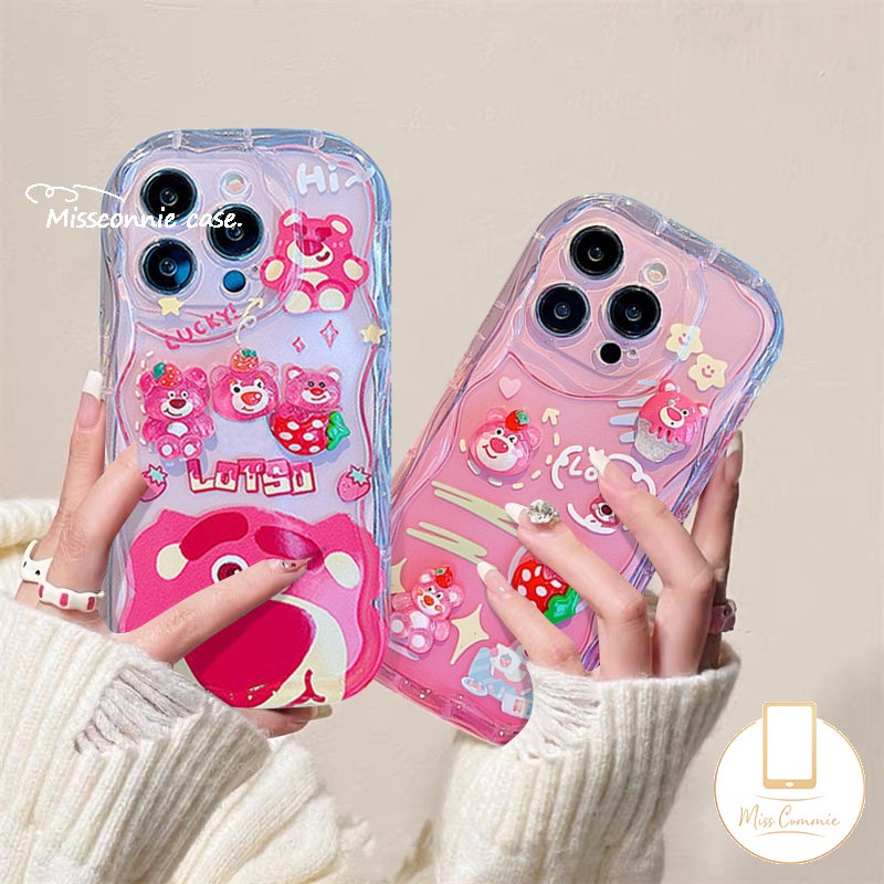 Kartun DIY Case Untuk Realme C55 C53 C12 C25 C35 C33 C31 C21Y C11 C15 C20 5 7i 5i 5s 6i 9i C25s C25Y C30 C17 C21 C3 C20A C3 3D Boneka Strawberry Bear Manyo 3D Bergelombang Lengkung Tepi Penutup
