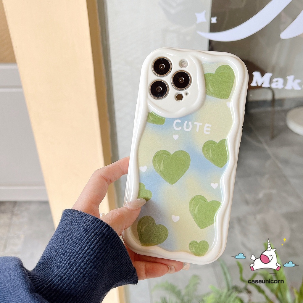 Untuk Realme C11 C35 C53 C55 C33 C30 C25 9i 5i 7i 6i 5s C20 C25s C25Y C21Y C12 C17 C31 C20A C15 C3 C1 C21 Art Cat Minyak Hijau Cinta Hati Lembut 3D Bergelombang Lengkung Penutup Tepi Dengan Gelang