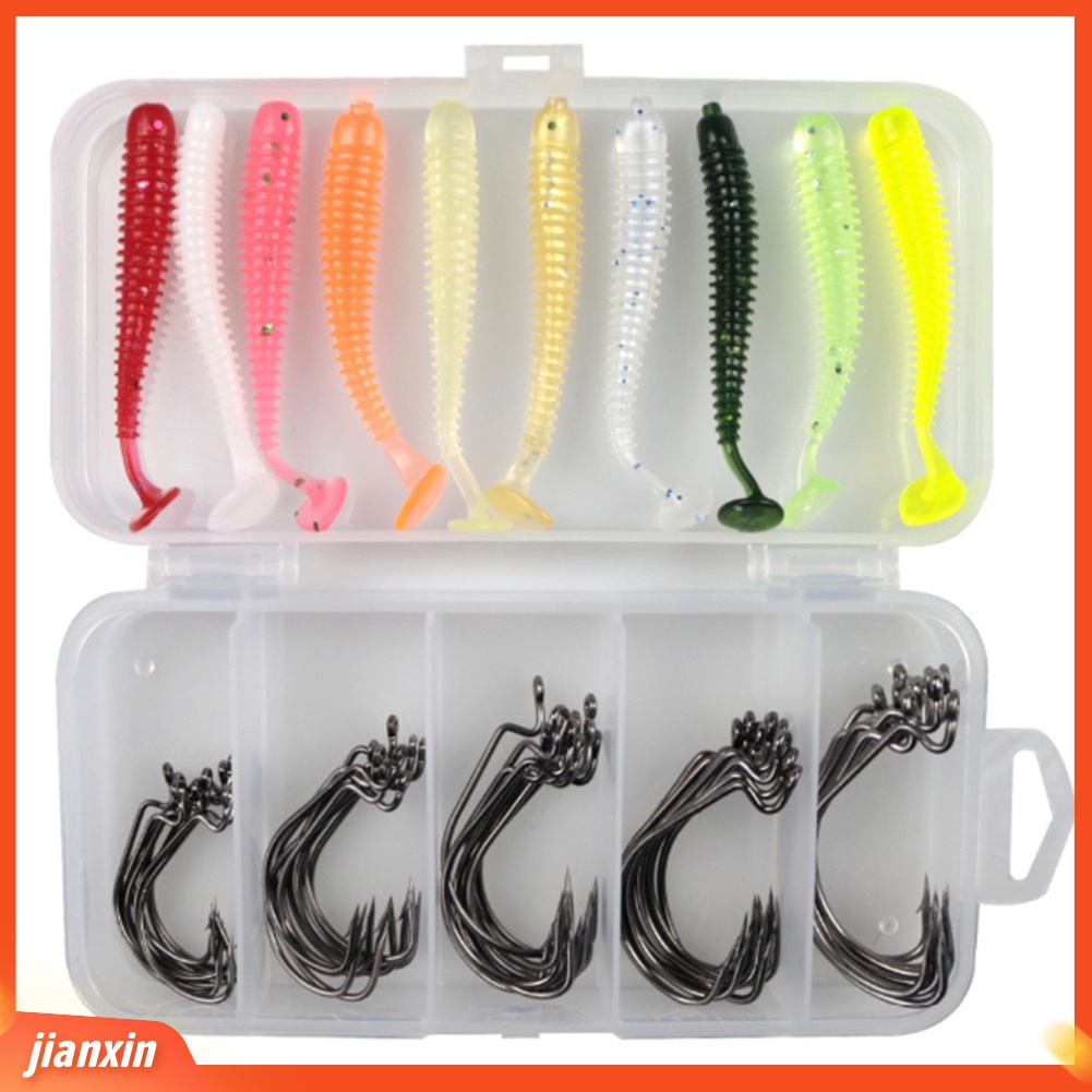 (In Stock) 60Pcs T-Tail Umpan Cacing Buatan Soft Lure+Kait Ikan Fishing Tackle Dengan Kotak