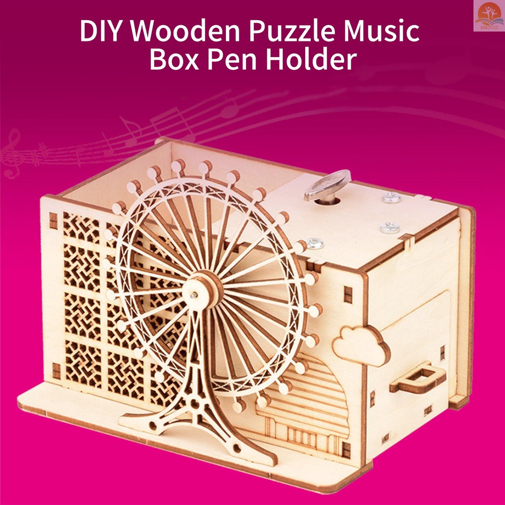 In Stock 3D Puzzle Kayu Ferris Wheel Jarum Jam Kotak Musik Pen Holder DIY Perakitan Craft Model Kit Dengan Laci Penyimpanan Dekorasi Rumah Hadiah Edukasi Untuk Siswa Laki-Laki Perempuan Adul