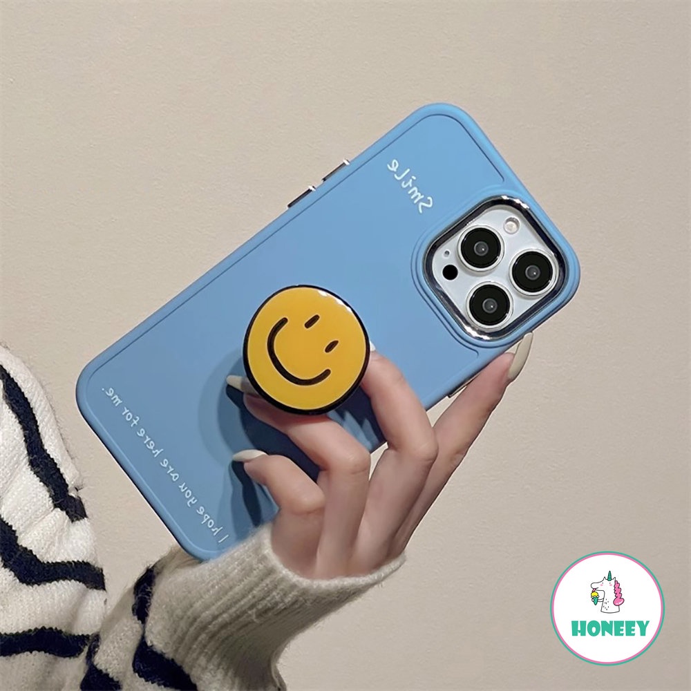 IPHONE Casing Ponsel Stand Smiley Kuning Sederhana Kompatibel Untuk Iphone14 Pro Max13 12 11Pro Max7 8Plus Xr Xs Lembut TPU Shockproof Handphone Cover