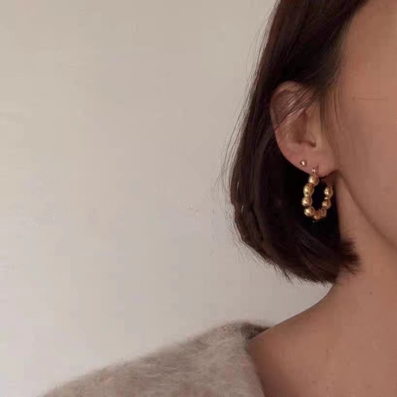 Versi Korea INS style Anting Manik Bulat Pribadi, Anting stainless steel Manik Bulat Berbentuk C Eropa Dan Amerika