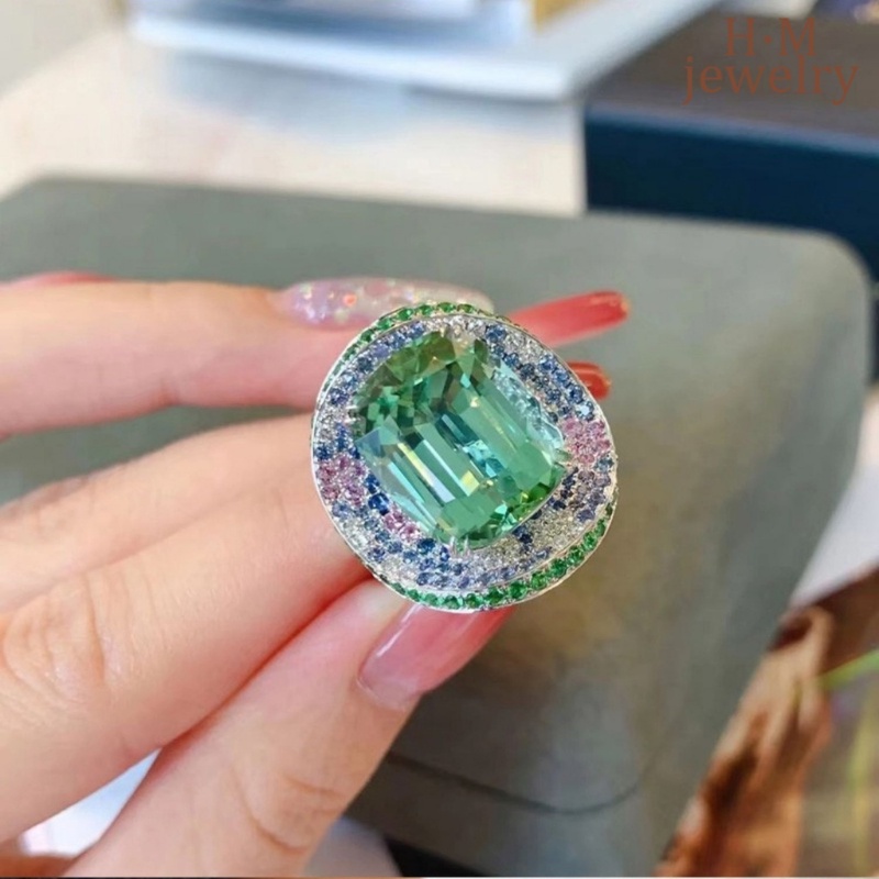 Fashion Elegance Retro Zamrud Cincin Berlian Ornamen Safir Mewah