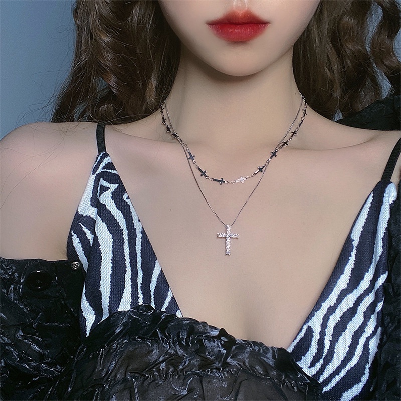 Yeezii Kalung Liontin Salib Zircon Rantai Silver Ganda Vintage Untuk Aksesoris Perhiasan Wanita