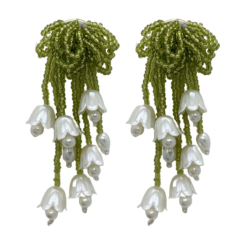 Deartiara French Vintage Manik-Manik Hijau Putih Lily of The Valley Bunga Anting Rumbai, Desain Niche Perempuan, Anting Mode Kelas Atas