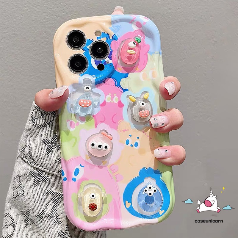 Untuk Infinix Hot 30i 810lite 9smart 66plus 7 5panas11 10 20 8 9 12 30 Play Note 12 G96 12 Kartun DIY 3D Bergelombang Melengkung Tepi Lucu 3D Beruang Kelinci Boneka Monster Bintang Pelangi Lembut Sarung