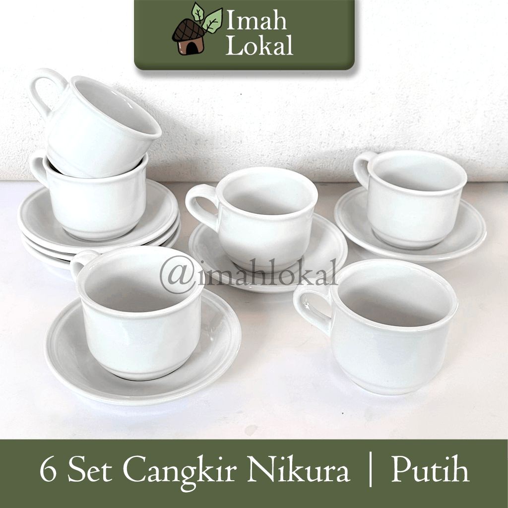 6 Set Cangkir Nikura + Pisin Tatakan | Gelas Minum Cafe Kopi Teh PUTIH
