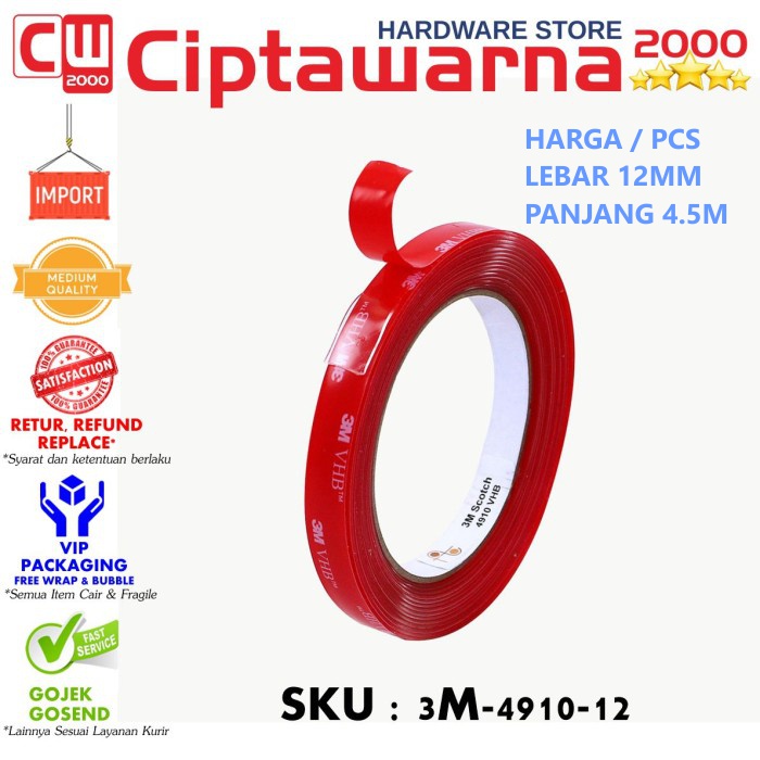 

3M VHB Double Tape Automotive 4910 Asli 12mm X 4.5M Bening