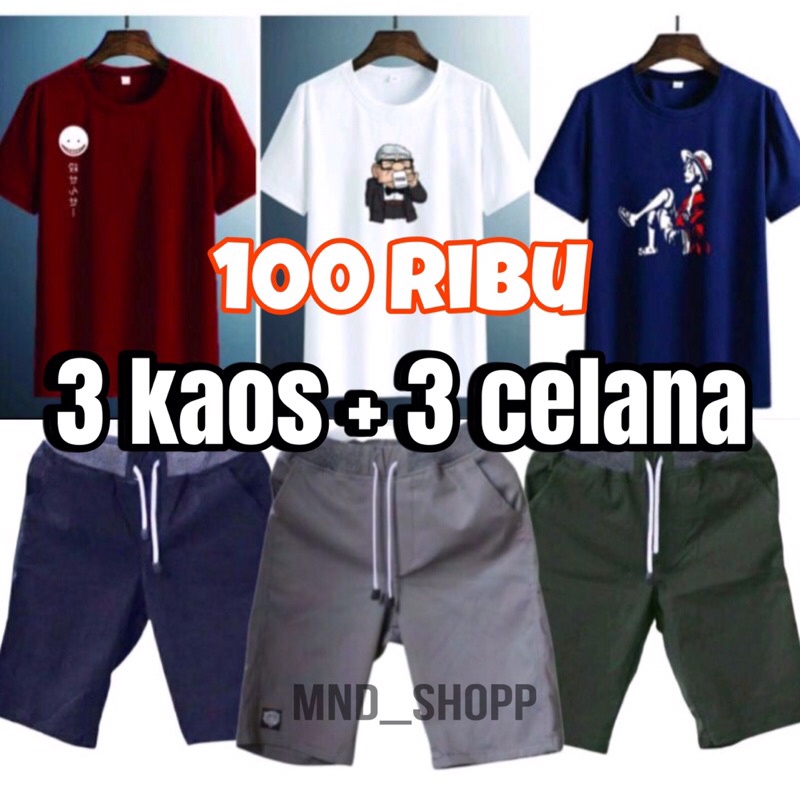 PROMO!!! 100 RIBU DAPAT 3 KAOS DAN 3 CELANA PENDEK | kaos murah | kaos distro | celana cinos | celana cinos murah