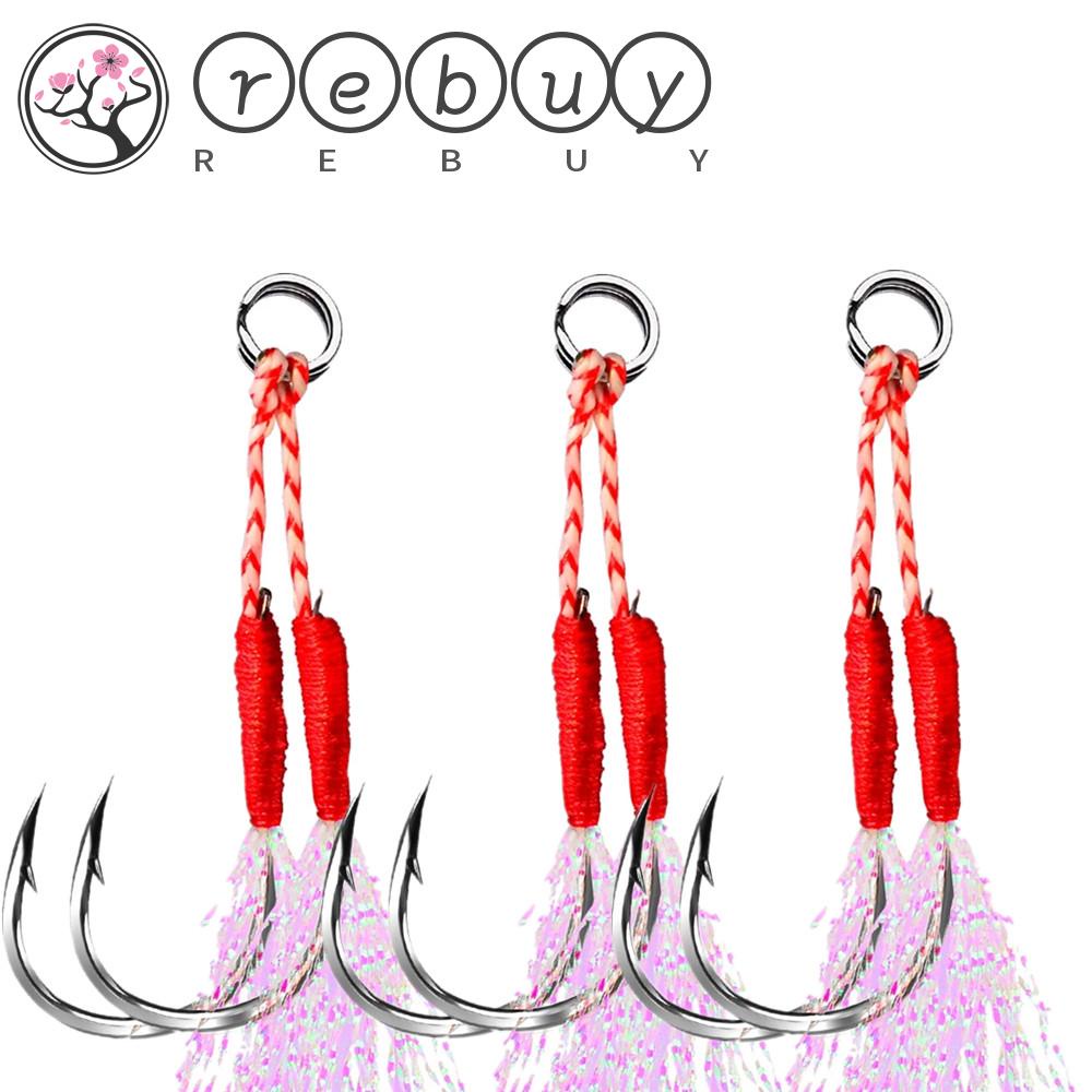 REBUY Fishing Tackle Fishing Jigging Hook Fishing Lure Jig Head Hook Double Jig Hooks Slow Jigging Fishing Hook High Carbon Steel Pesca Thread Feather Fishing Accessories Double PairHooks