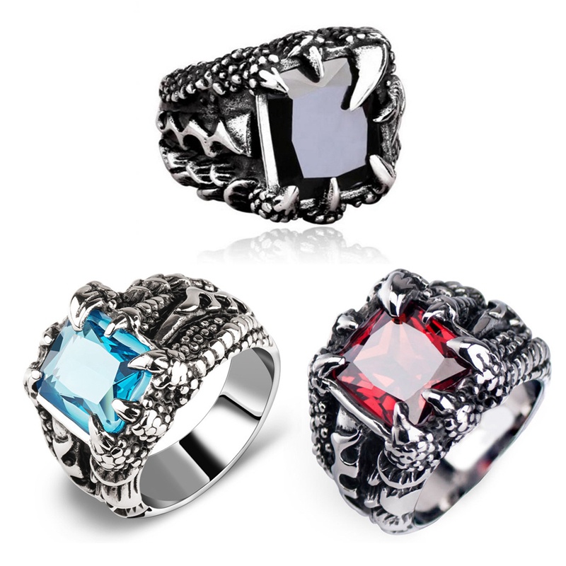 Cincin Gothic Biru Merah Kristal Setan Naga Cakar Untuk Pria Jalan Keren Biker Jari Perhiasan