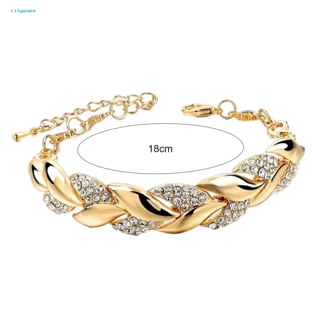 Lilyscent Adjustable Golden Leaves Gelang Berlian Imitasi Bangle Daun Elegan Untuk Wanita