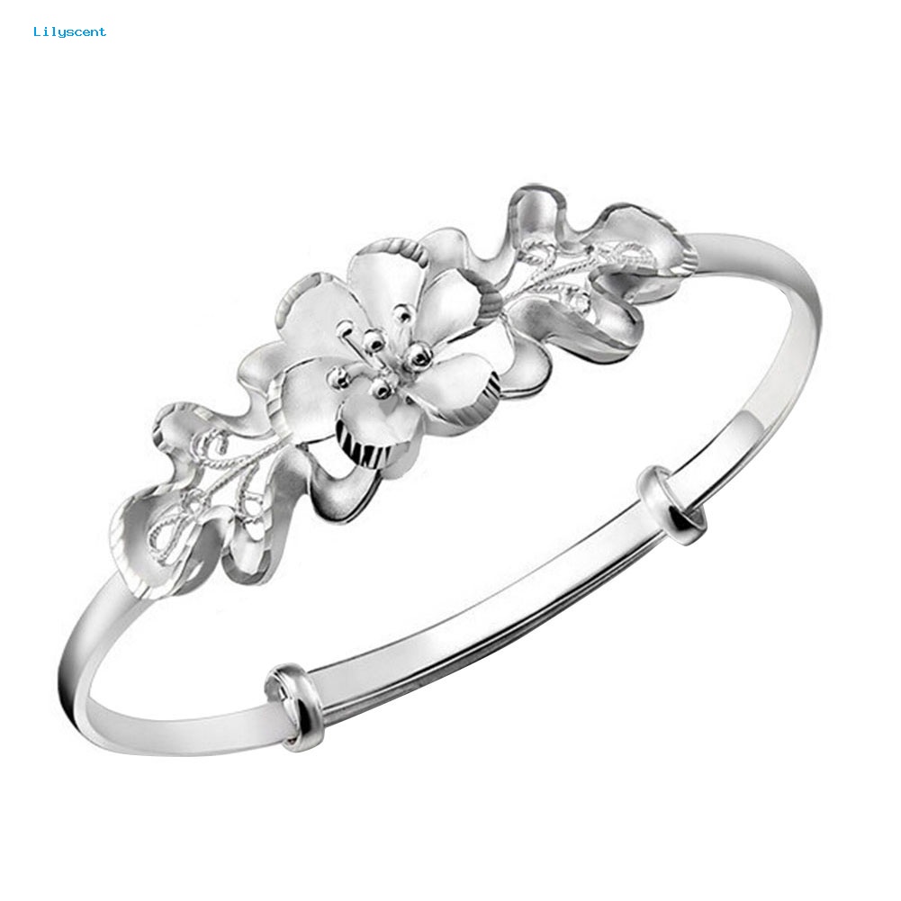 Lilyscent Fashion Bunga Adjustable Cuff Bangle Woman Perak Disepuh Gelang Tangan Perhiasan