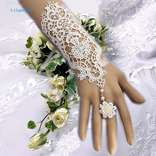 Lilyscent Wedding Bride Vintage Indah Gelang Renda Mutiara Imitasi Dengan Perhiasan Cincin