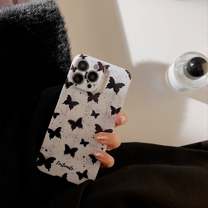 Ultrathin PC Hard Full Protective Case IPhone 7 8 Plus 7+ 8+ XR XS Max 11 12 13 14 Pro Max 14Plus SE 2020 Women's Gift Black and white butterfly Nonskid