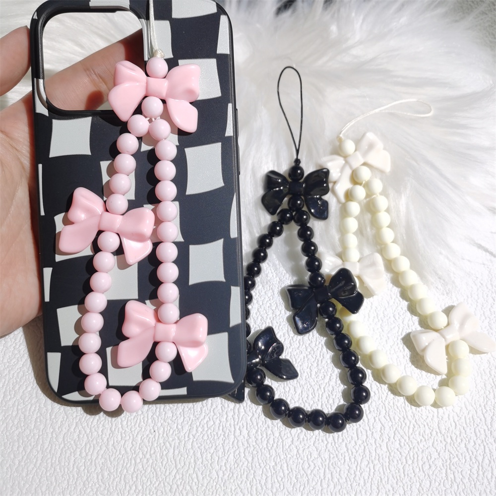3warna Busur Hitam Rantai Ponsel Anti Hilang Lembut Tembikar Tali Tali Tali Lanyard Manik-Manik Akrilik Warna-Warni Kasus Ponsel Kabel Gantung
