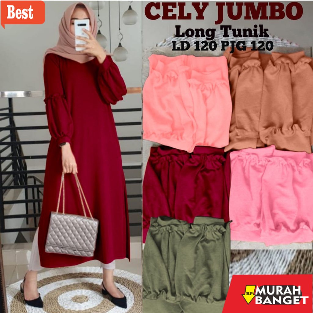 Tunik jumbo terbaru untuk wanita- GR LONG TUNIK CELY JUMBO PREMIUM TUNIK BABYTERRY TANGAN BALON