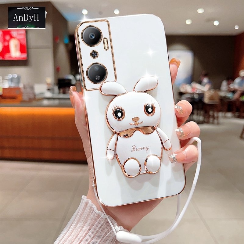 Andyh Case Ponsel Untuk Infinix Hot20 4G X6826 X6826B X6826C Panas 20S X6827 Lucu Kartun Kelinci Kecil Tepi Lurus Lembut Shell Mengirim lanyard Silikon