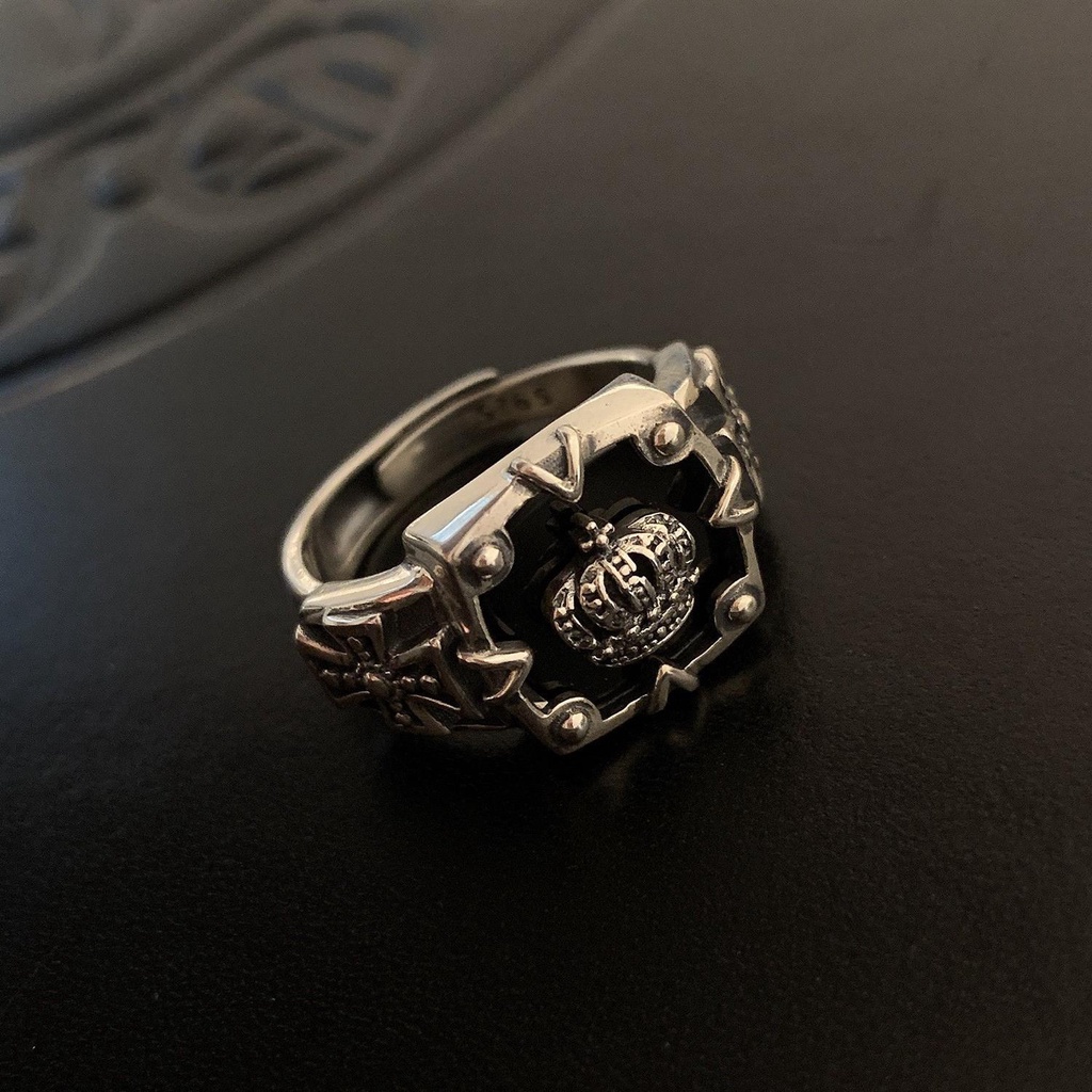 Versi Korea Cincin Mahkota Perak Perempuan Retro Fashion Industri Berat Cross Open Ring Hip Hop Gelap Jari Telunjuk Ring