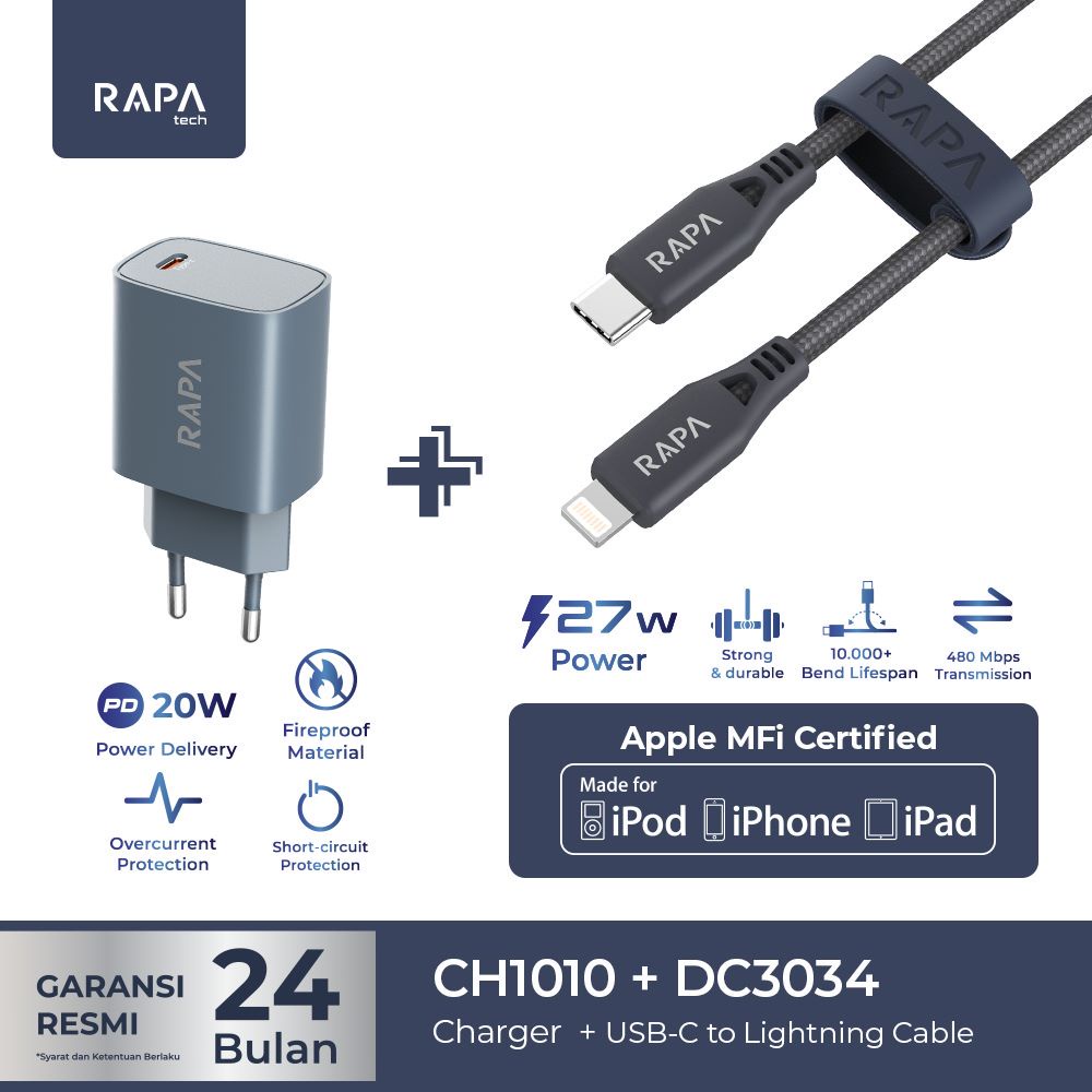 RAPAtech Charger POWER I (PD20W) & Line+ MFI c to Lighting 27W