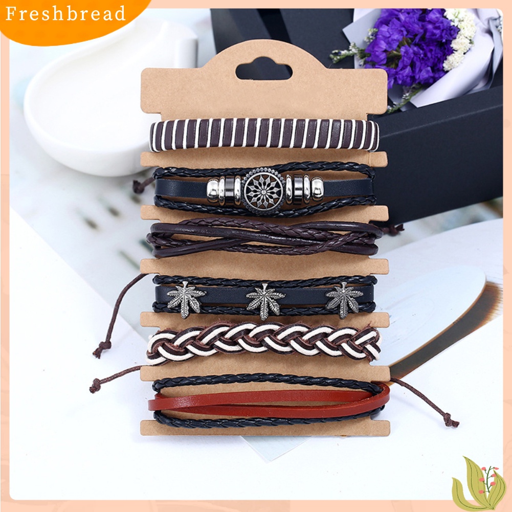 &lt; Freshbread &gt; 6Pcs Retro Pria Kulit Imitasi Hip Pop Punk Tengkorak Daun Kepang Gelang Pergelangan Tangan Perhiasan