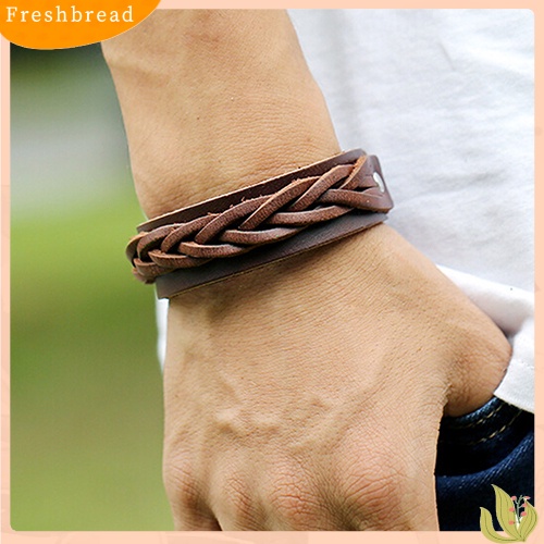 &lt; Freshbread &gt; Pria Keren Gaya Klasik Rajutan Kulit Bangle Punk Wristband Cuff Bracelet