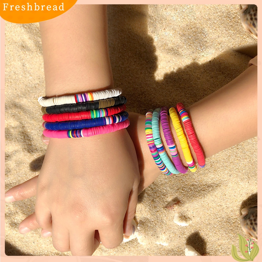 &lt; Freshbread &gt; 5/7Pcs Wanita Boho Rainbow Polymer Clay String Beads Gelang Gelang Bangle