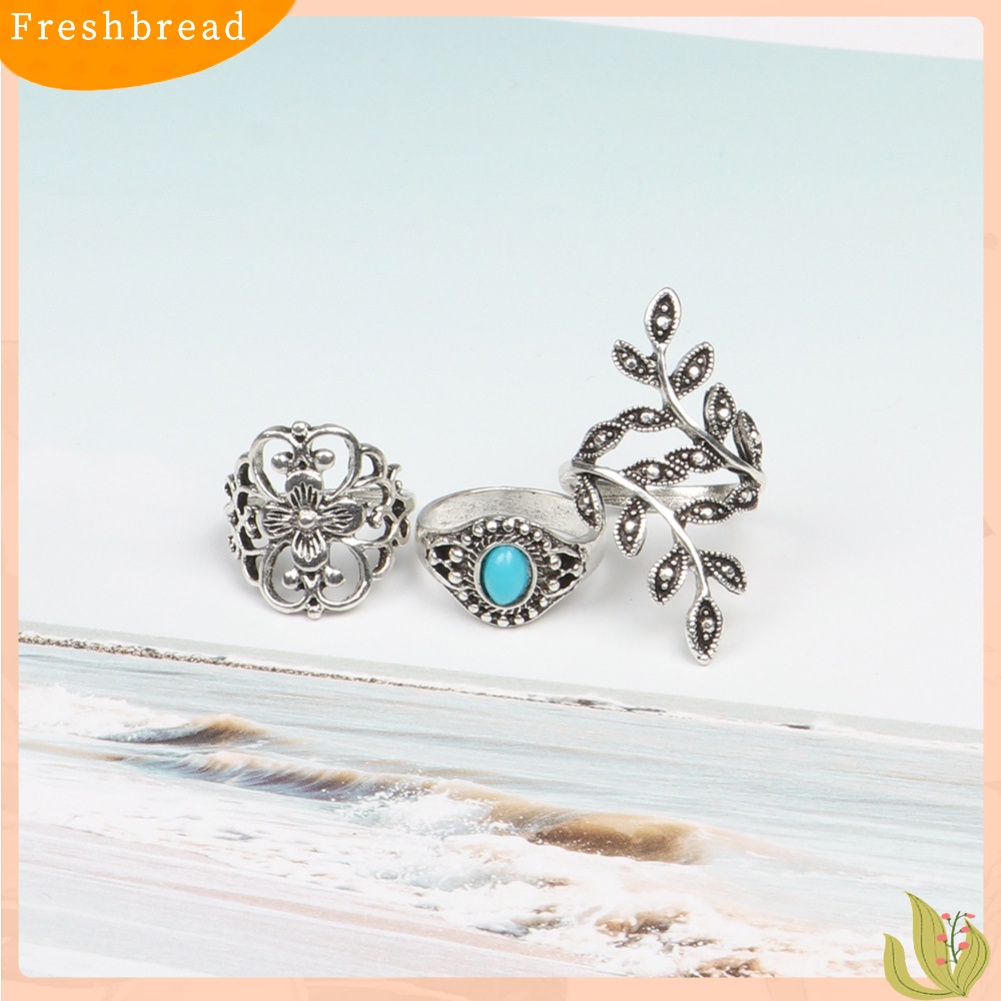 &lt; Freshbread &gt; 10 Pcs Wanita Retro Mawar Ukir Imitasi Pirus Susun Jari Cincin Perhiasan Hadiah