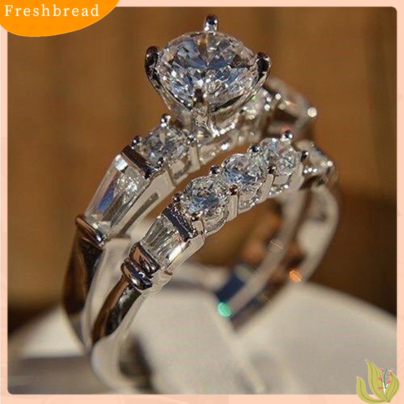 &lt; Freshbread &gt; 2Pcs/Set Shiny Cubic Zirconia Hias Wanita Pernikahan Cincin Perhiasan Pesona Hadiah