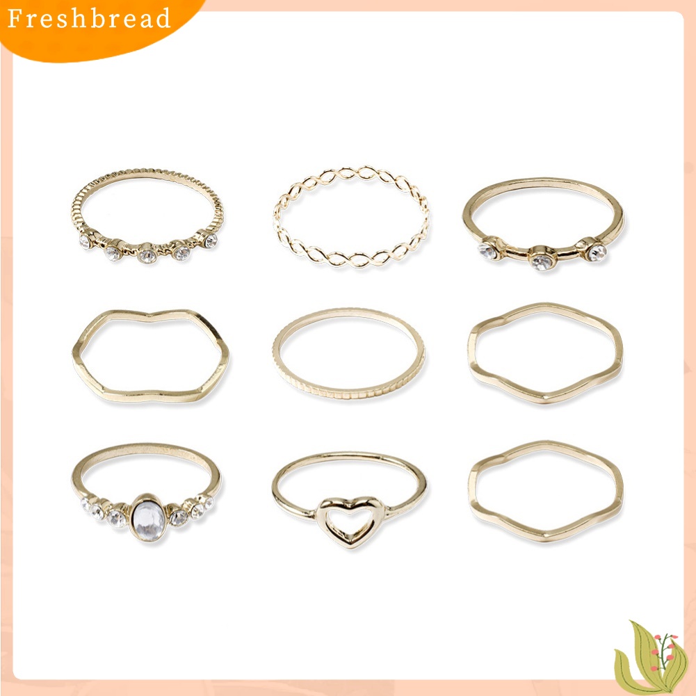 < Freshbread > 9Pcs/Set Wanita Berongga Hati Bentuk Gelombang Mutiara Imitasi Jari Cincin Pesta Perhiasan Hadiah