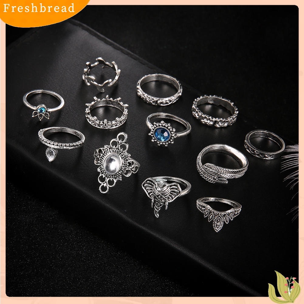 &lt; Freshbread &gt; 12 Pcs Wanita Vintage Boho Faux Gemstone Rhinestone Jewelry Buku Jari Susun Rings