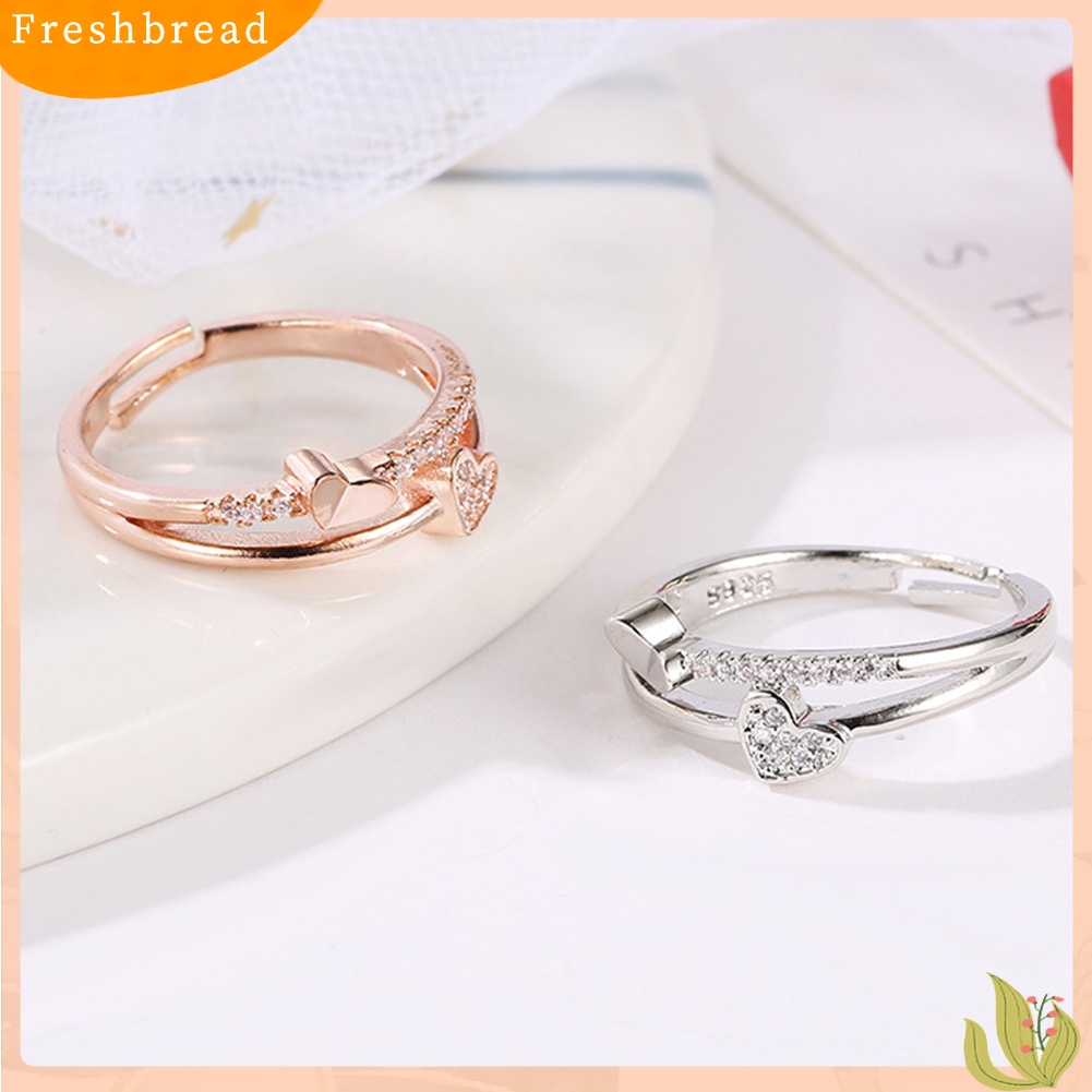< Freshbread > Wanita Fashion Berlian Imitasi Bertatahkan Hati Ganda Berongga Band Pembukaan Cincin Perhiasan