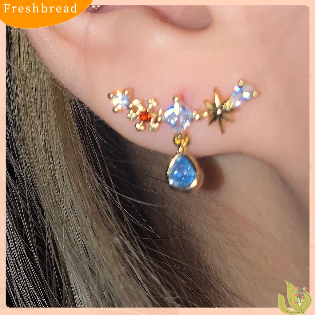 &lt; Freshbread &gt; Kalung Wanita Vintage Tahan Aus Anting Copper Silver Post Blue Water Drop Zircon Untuk Musim Panas