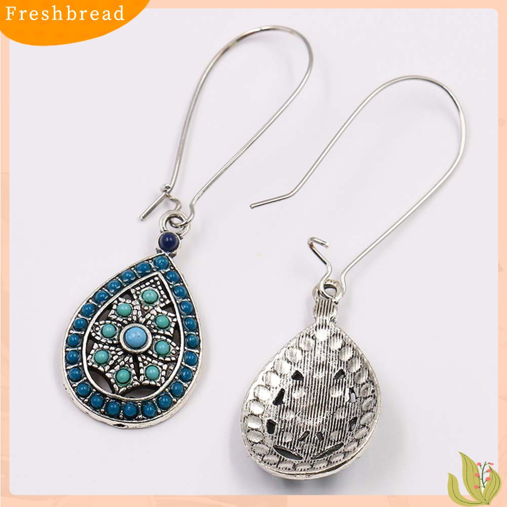 &lt; Freshbread &gt; Bohemian Wanita Manik-Manik Faux Turquoise Hias Hollow Teardrop Menjuntai Kait Anting