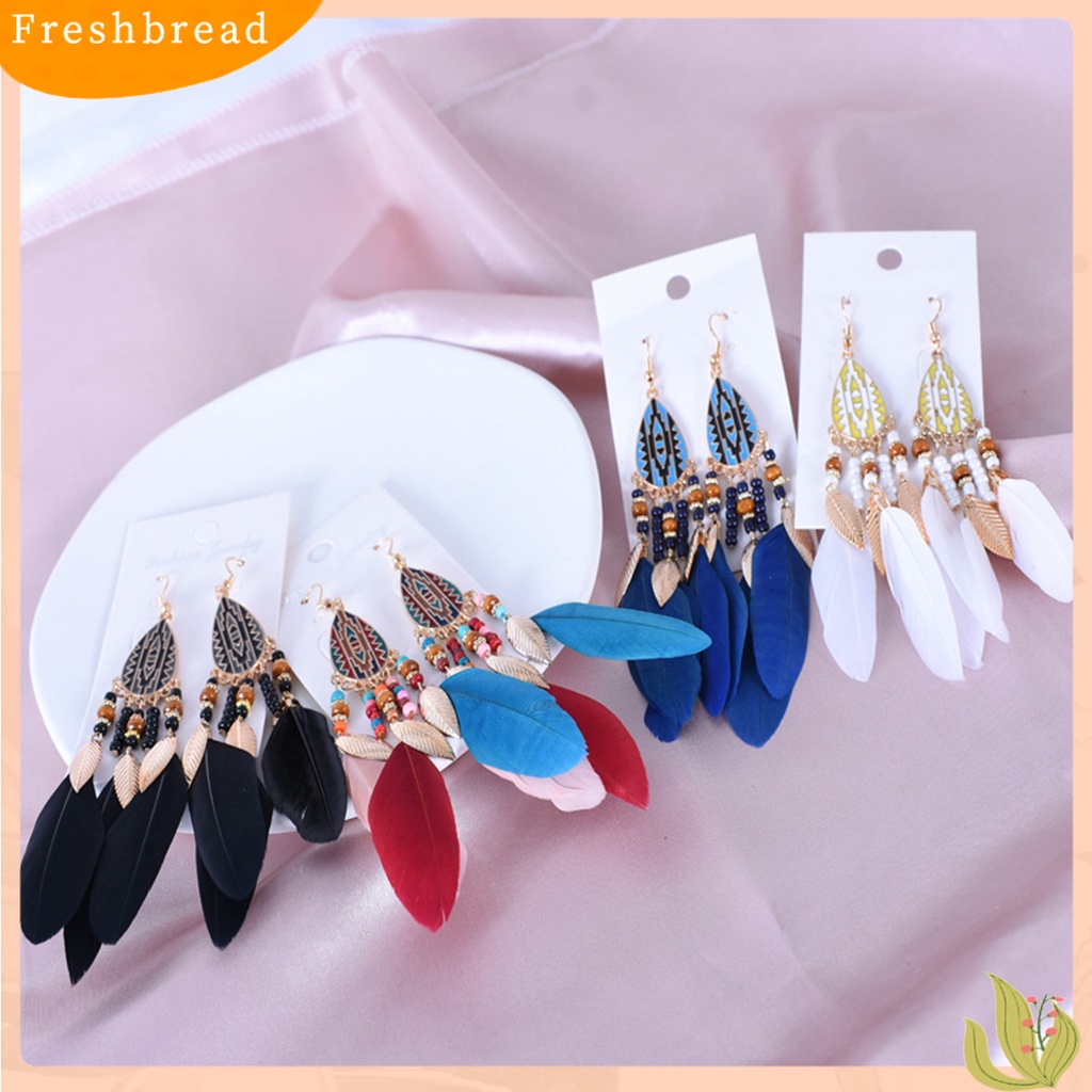 &lt; Freshbread &gt; 1pasang Anting Kait Gaya Etnik Tetesan Air Liontin Manik-Manik Kepribadian Eye-catching Dekorasi Hypoallergenic Bulu Buatan Vintage Menjuntai Anting-Anting