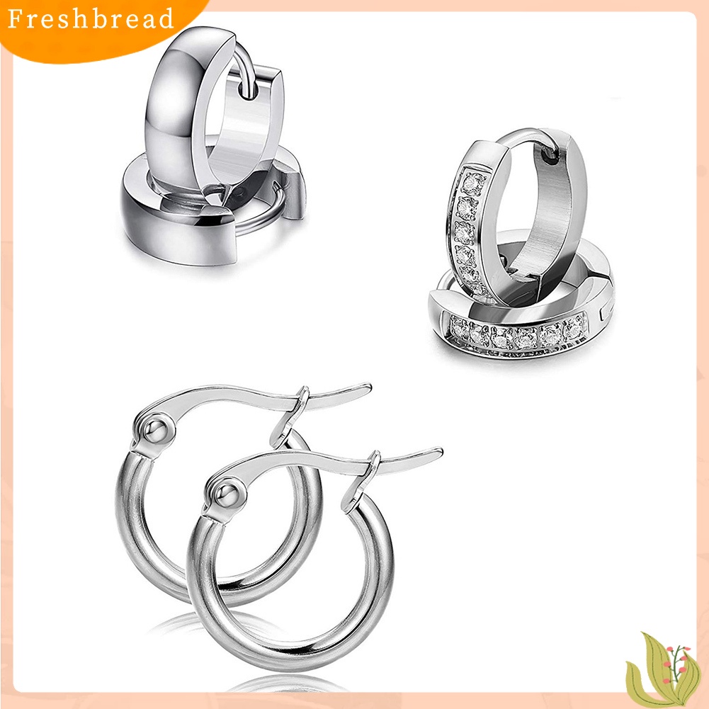 &lt; Freshbread &gt; 6pasang Perhiasan Anting Huggie Stud Hias Berlian Imitasi Stainless Steel Unisex